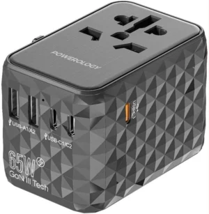 Powerology 65W Universal Multi-Port Travel Adapter, Gan Technology, 0% – 60% 35 Minutes, Support UK/US/EU/AUS Plug’s, Laptop Charger, 3x Type_C and 2x Type_A Port’s – Gray