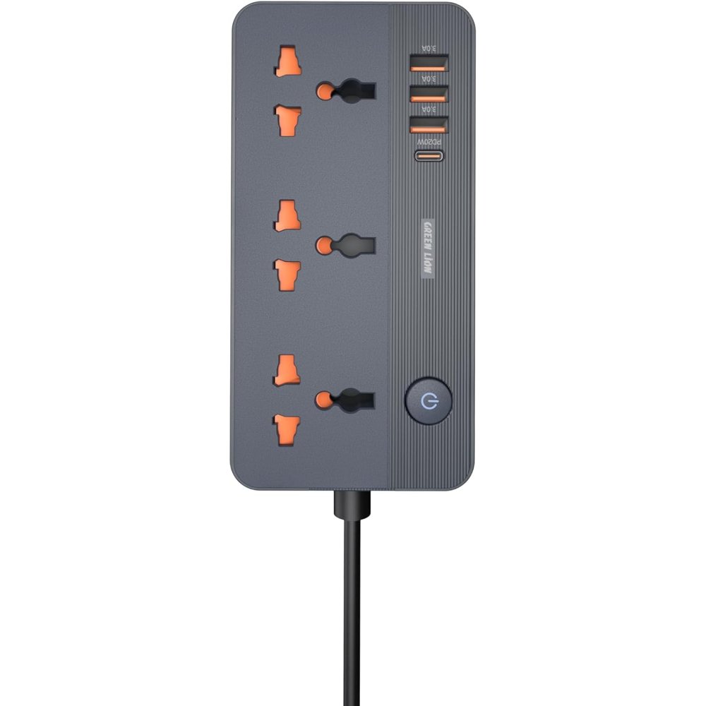 Green Lion GS-200 Power Socket 2500W, Flame Retardant, Overload Protection, 3 Universal Sockets, 3 USB-A Ports, USB-C Port PD 20W - Black