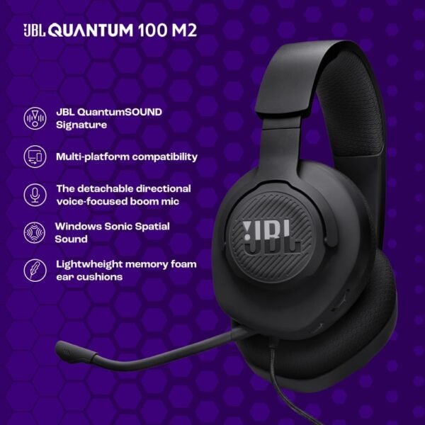 JBL Quantum 100M2 Wired Over-Ear Gaming Headset with JBL QuantumSOUND Signature, 3.5 mm Jack, Multi-Platform Compatibility and Removable Microphone with Mute Option - Black - Image 3