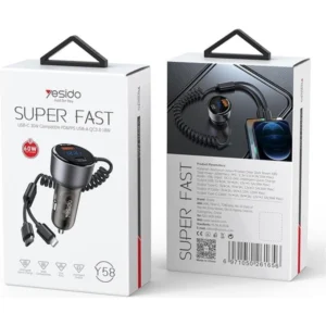 Yesido Y58 60W Type-C+USB-A Dual Port Super Fast Car Charger with USB-C/Type-C + Lightning Spring Cable - Image 6