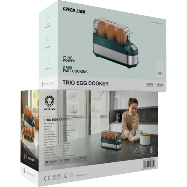 Green Lion Trio Egg Cooker, 3-Egg Capacity, 3 Cooking Modes, Fast 8Min Cooking, Rotatory Knob Timer, Auto Shutoff, Non-Stick Coating, Electric Eggs Cooker,100ml Water Reservoir – Green - Image 5