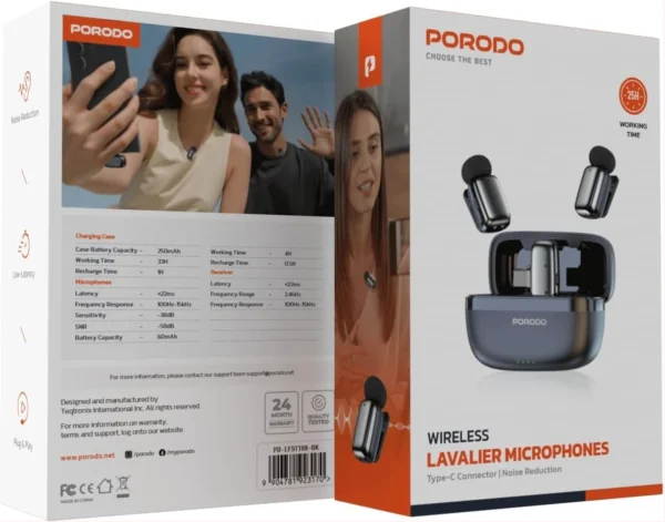 Porodo Wireless Lavalier Type-C Connector Microphones, Noise Reduction, Low Lantency, Plug & Play, 4H Mic Working Time, 33H Case Working Time, 1H Case Recharge Time - Image 7