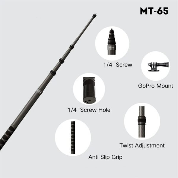 JMARY MT-65 3m Carbon Fiber Selfie Stick Monopod 5 Section Extension Pole for Action Cameras - Image 2