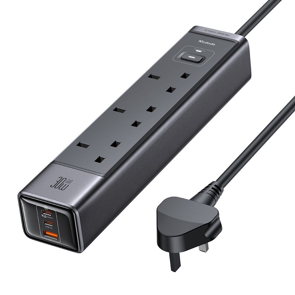 MCDODO CH-0600 UK Plug 6-in-1 30W GaN Surge Protection Power Strip (3 AC+2 USB-C+USB-A) - Black
