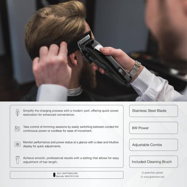 Green Lion Pro Trim Duo Hair Clipper, 9 in 1, 2000mAh Hair clipper Battery & 6800 RPM, 1500mAh Body Clipper Battery & 7200 RPM, Digital Display, Carrying Case, Taper Lever - Black - Image 6