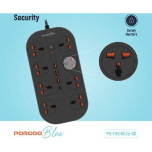 Porodo Blue Universal 8 AC Power Socket, 1 USB-C & 3 USB-A, 3 Meters Cable Length, UK Plug, Safety Shutters, Switch Control, 3000W Rated Power, 13A Max Current - Black - Image 3