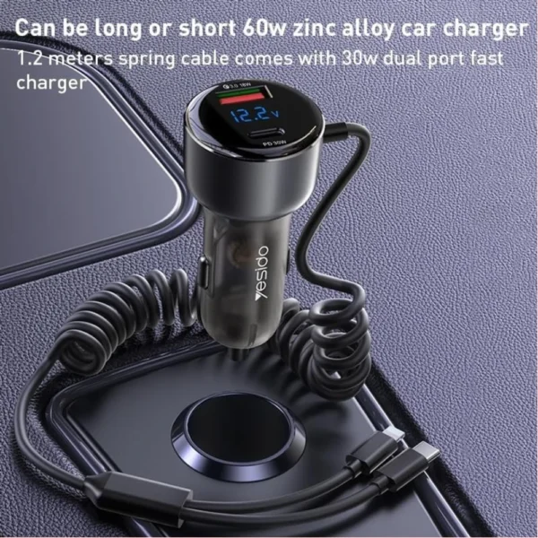 Yesido Y58 60W Type-C+USB-A Dual Port Super Fast Car Charger with USB-C/Type-C + Lightning Spring Cable - Image 2