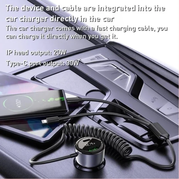 Yesido Y58 60W Type-C+USB-A Dual Port Super Fast Car Charger with USB-C/Type-C + Lightning Spring Cable - Image 3