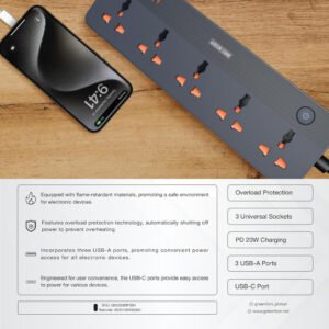 Green Lion GS-200 Power Socket 2500W, Flame Retardant, Overload Protection, 3 Universal Sockets, 3 USB-A Ports, USB-C Port PD 20W - Black - Image 3