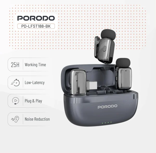Porodo Wireless Lavalier Type-C Connector Microphones, Noise Reduction, Low Lantency, Plug & Play, 4H Mic Working Time, 33H Case Working Time, 1H Case Recharge Time - Image 6