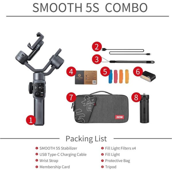 Zhiyun Smooth 5S Combo Professional Gimbal Stabilizer for Smartphone, Handheld 3-Axis Phone Gimbal, Portable Stabilizer Compatible with iPhone and Android - Gray - Image 5