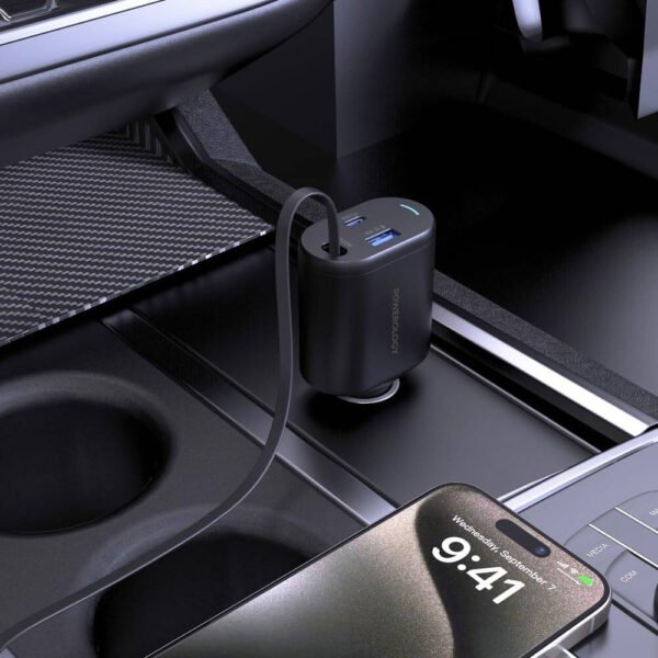 Powerology Dual Ports Car Charger, Type-C, QC USB-A,1M PVC Cable, Retractable Type-C Cord, Patented Design, Built-In Safeguards, Simultaneous Charging, PD 65W Laptop Charger - Black - Image 8