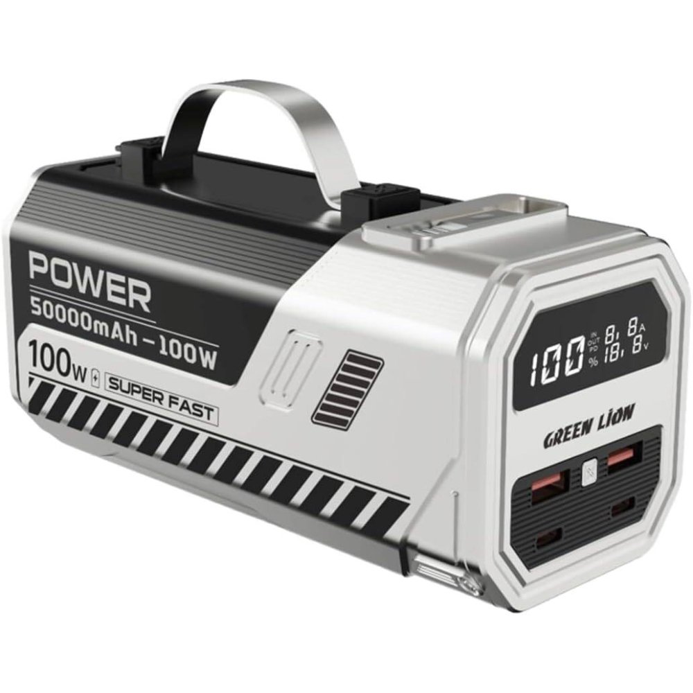 Green Lion Power Max Power Bank With High Lumens LED Flash Light, 50K mAh, 100W Fast Charging, Retractable Cable, Digital Display, Multi Device Charging