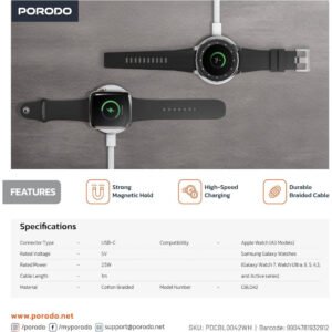 Porodo One Touch Charger magnetic Watch Charger 2.5W, Compatible with iWatchSamsung Watch, Strong Magnet, High-Speed Charging, Durable Cotton Briaded Material, USB-C Connector - White - Image 4