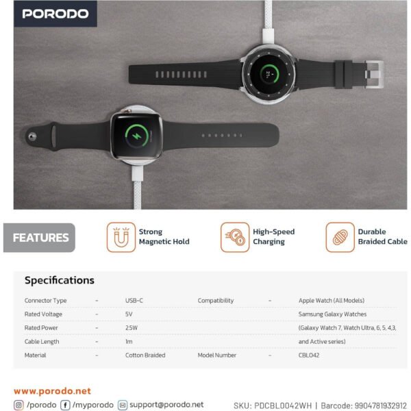 Porodo One Touch Charger magnetic Watch Charger 2.5W, Compatible with iWatchSamsung Watch, Strong Magnet, High-Speed Charging, Durable Cotton Briaded Material, USB-C Connector - White - Image 4