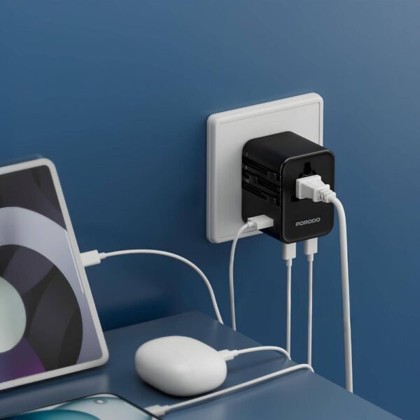 Porodo GaN Universal Travel Quick Charger Adapter, QC 18W, PD 25W, Fast Charging, Built-in Fuse Protection For iPhone 16/15/14/13, S25/S24, Laptop, Include Spare Fuse & 4-in-1 Braided Cable - Image 3