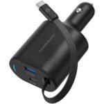 Powerology Dual Ports Car Charger, Type-C, QC USB-A,1M PVC Cable, Retractable Type-C Cord, Patented Design, Built-In Safeguards, Simultaneous Charging, PD 65W Laptop Charger - Black