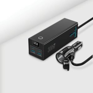 Powerology 300W Car Power Inverter, 36W PD, 2USB-C/ 2USB-A/ 2AC Universal Socket, 53cm Cable Length, Power Info display, Built-in Safeguards, Simultaneous Charging, Laptop Charger - Black