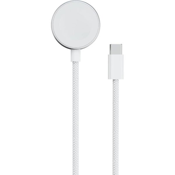 Porodo One Touch Charger magnetic Watch Charger 2.5W, Compatible with iWatchSamsung Watch, Strong Magnet, High-Speed Charging, Durable Cotton Briaded Material, USB-C Connector - White - Image 2