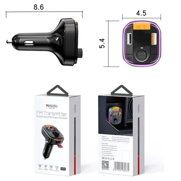 YESIDO Y45 Bluetooth-compatible 5.0 Wireless FM Transmitter PD + QC 3.0 Dual USB Car Charger with Colorful Light - Image 9