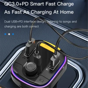 YESIDO Y45 Bluetooth-compatible 5.0 Wireless FM Transmitter PD + QC 3.0 Dual USB Car Charger with Colorful Light - Image 7