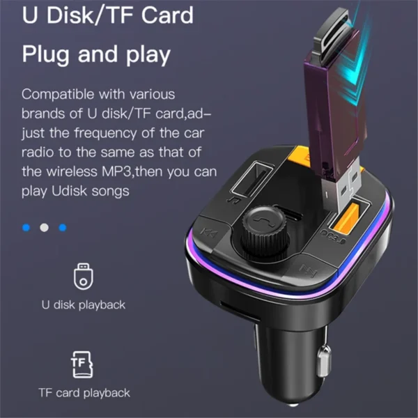 YESIDO Y45 Bluetooth-compatible 5.0 Wireless FM Transmitter PD + QC 3.0 Dual USB Car Charger with Colorful Light - Image 2