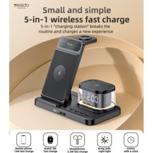 Yesido DS22 5-in-1 Wireless Charger with Clock – Multi-Device Fast Charging Station for iPhone, Apple Watch, AirPods – Adjustable Stand with LED Light - Image 5