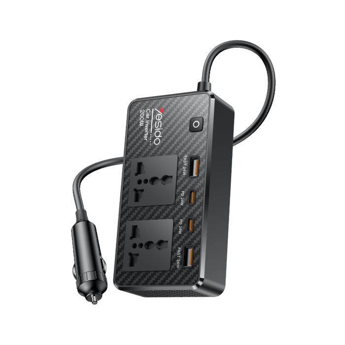 YESIDO VC07 200W High Power Car Inverter Fast Charging Adapter with 2 AC + 2 USB + 2 Type-C Ports