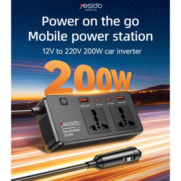 YESIDO VC07 200W High Power Car Inverter Fast Charging Adapter with 2 AC + 2 USB + 2 Type-C Ports - Image 2