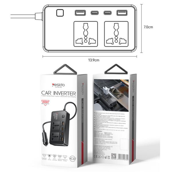 YESIDO VC07 200W High Power Car Inverter Fast Charging Adapter with 2 AC + 2 USB + 2 Type-C Ports - Image 9