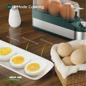 Green Lion Trio Egg Cooker, 3-Egg Capacity, 3 Cooking Modes, Fast 8Min Cooking, Rotatory Knob Timer, Auto Shutoff, Non-Stick Coating, Electric Eggs Cooker,100ml Water Reservoir – Green - Image 3