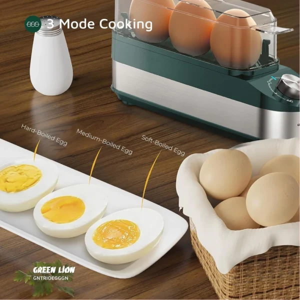 Green Lion Trio Egg Cooker, 3-Egg Capacity, 3 Cooking Modes, Fast 8Min Cooking, Rotatory Knob Timer, Auto Shutoff, Non-Stick Coating, Electric Eggs Cooker,100ml Water Reservoir – Green - Image 3