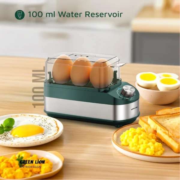 Green Lion Trio Egg Cooker, 3-Egg Capacity, 3 Cooking Modes, Fast 8Min Cooking, Rotatory Knob Timer, Auto Shutoff, Non-Stick Coating, Electric Eggs Cooker,100ml Water Reservoir – Green - Image 2