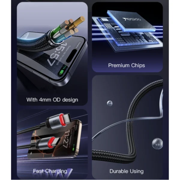Yesido CA183 2M PD60W Fast Charging Type-C To Type-C 48-Strand Braided Cable Power LED Light Data Cable - Image 2