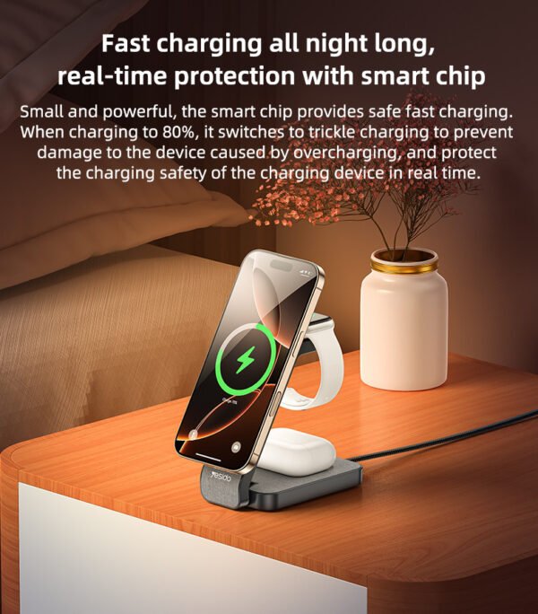 Yesido DS26 15W Wireless Fast Charging With Nightlight Foldable Design 3 in1 Desktop Stand Wireless Charger - Image 6