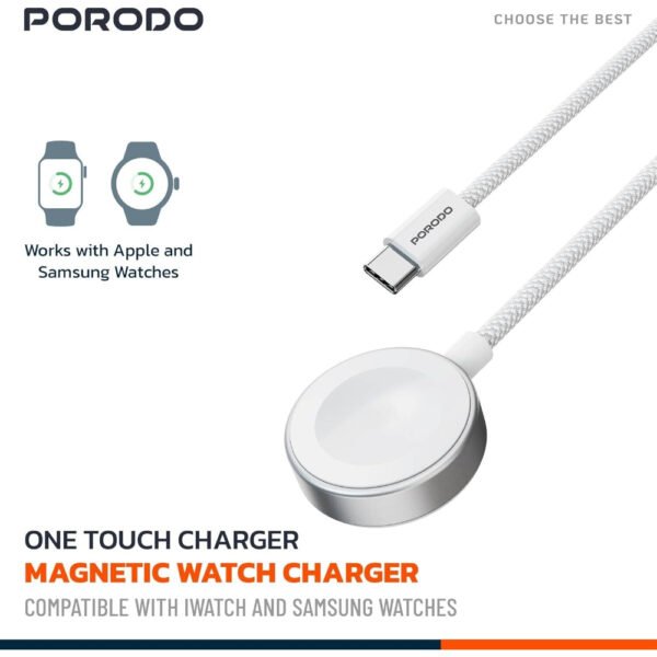 Porodo One Touch Charger magnetic Watch Charger 2.5W, Compatible with iWatchSamsung Watch, Strong Magnet, High-Speed Charging, Durable Cotton Briaded Material, USB-C Connector - White - Image 3