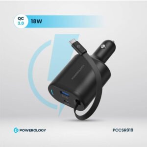 Powerology Dual Ports Car Charger, Type-C, QC USB-A,1M PVC Cable, Retractable Type-C Cord, Patented Design, Built-In Safeguards, Simultaneous Charging, PD 65W Laptop Charger - Black - Image 3