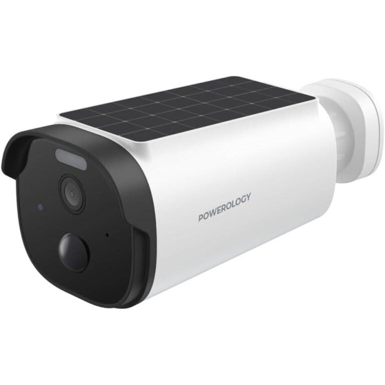 Powerology Built-in Solar Outdoor Camera, Android & iOS Support, Built-in MIC & Speaker, 5200mAh Built-in Battery, Solar Panel Recharging, Two-Way Audio, IR Night Vision, Type-C-White