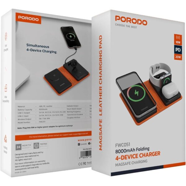 Porodo Folding 4-Device Wireless Charger, 8K mAh Battery Capacity, Wide Compatibility, Fast Charging, Folding Design, PD 20W, Type-C Charging Port, Watch Charger, Earbud Charger, Phone Charger - Black - Image 6