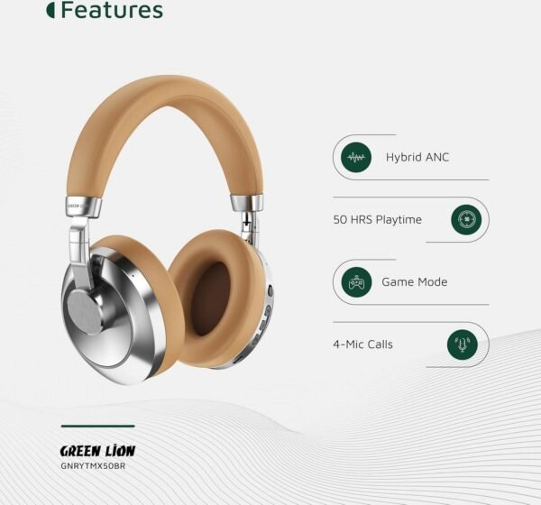 Green Lion Rhythm X50 ANC Wireless Headphones, 50H Long Playtime, Hybrid Active Noise Cancelling Headphones, Hi-Res Audio, Bluetooth V6.0, Game Mode, 4-Mic Calls, Foldable, Voice Assistant - Image 5