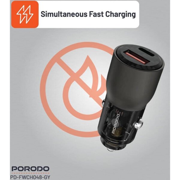 Porodo 95W Car iPhone Charger Transparent, QC 30W, Zinc Alloy + PC, Universal Compatibility, 12-24V Input, 65W Max USB-C Output, 30W Max USB-A Output (Grey, With Lightning Head Cable) - Image 5