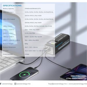 Powerology 27000mAh Powerbank Smart Display Power Bank, 140W Output, PD Fast Charging, Laptop Charger, 2USB-C, 1USB-A Ports, LED Display, Advanced Safety Features, Portable and Durable Design - Image 6