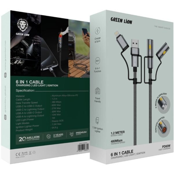 Green Lion 6-in-1 Charging Cable: 1.2m Multi-Head with PD 60W & LED Lights - Image 5