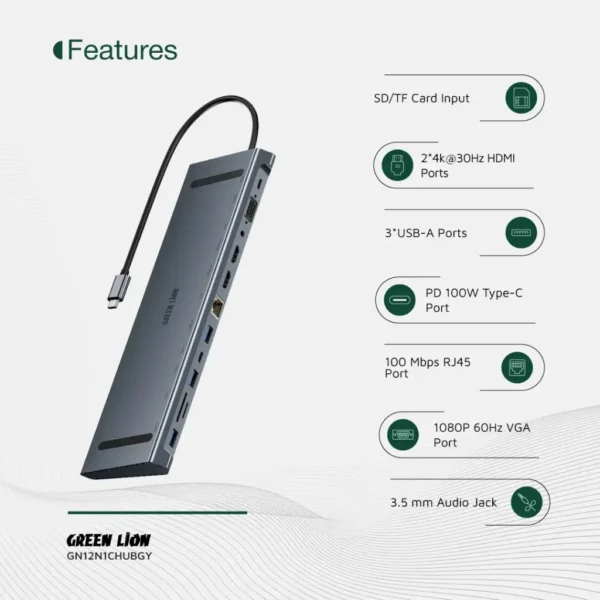Green Lion 12-in-1 4K HDMI Ethernet USB-C Hub - Gray - Image 6