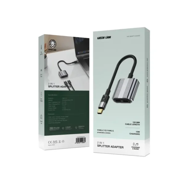 Green Lion 2 In 1 Splitter Adapter Type-C to Dual Type-C - Gray - Image 2