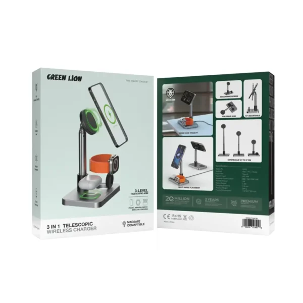 Green Lion 3 in 1 Telescopic Wireless Charger: MagSafe Stand for iPhone/AirPods/Watch in Silver - Image 2