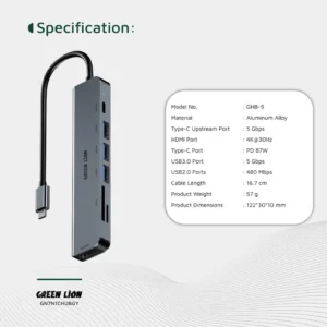 Green Lion 7-in-1 USB-C Hub: Multi-Port Dock with 4K HDMI & PD 100W in Gray - Image 6