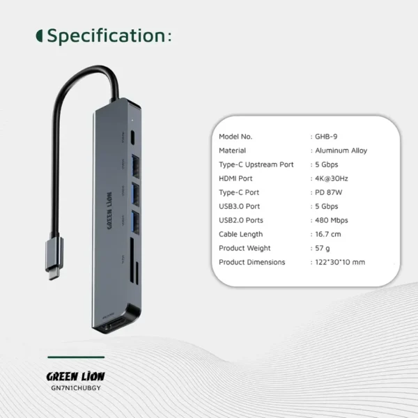 Green Lion 7-in-1 USB-C Hub: Multi-Port Dock with 4K HDMI & PD 100W in Gray - Image 6