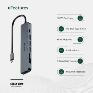 Green Lion 7-in-1 USB-C Hub: Multi-Port Dock with 4K HDMI & PD 100W in Gray - Image 5