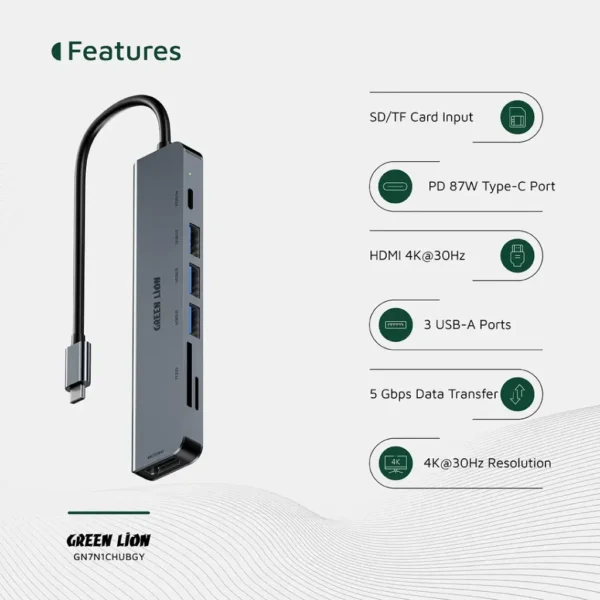 Green Lion 7-in-1 USB-C Hub: Multi-Port Dock with 4K HDMI & PD 100W in Gray - Image 5